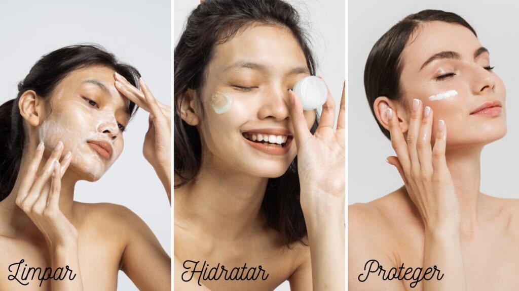 Três fotos de modelos representando as etapas de cuidados diurnos para uma pele saudável: limpar, hidratar e proteger.