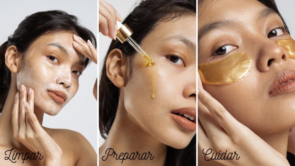 Três fotos de modelos representando as etapas de cuidados noturnos para uma pele saudável: limpar, preparar e cuidar.